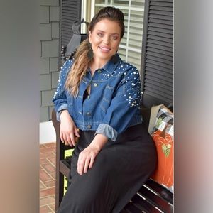 Oversized denim jacket with pearl detailing